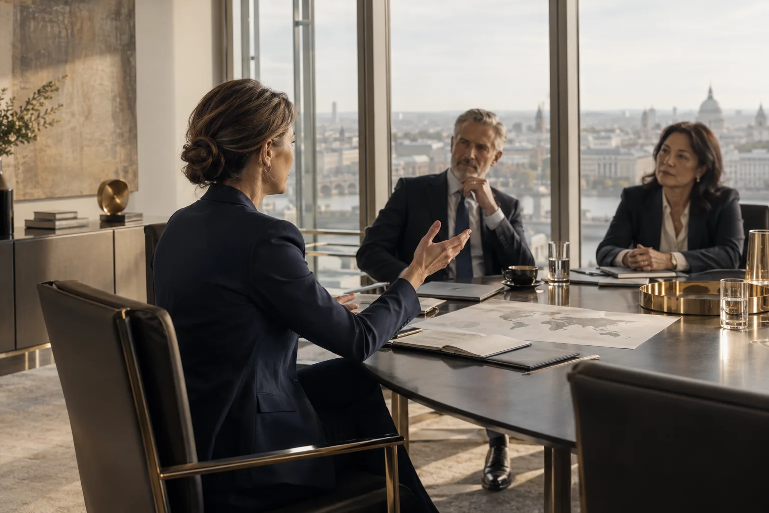 International risk advisory discussion in a modern boardroom